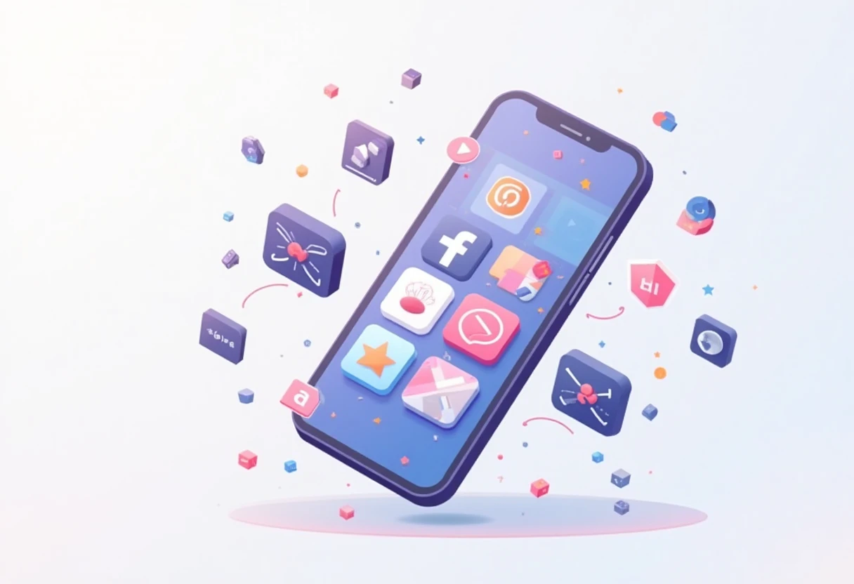 Social media app icons floating in space
